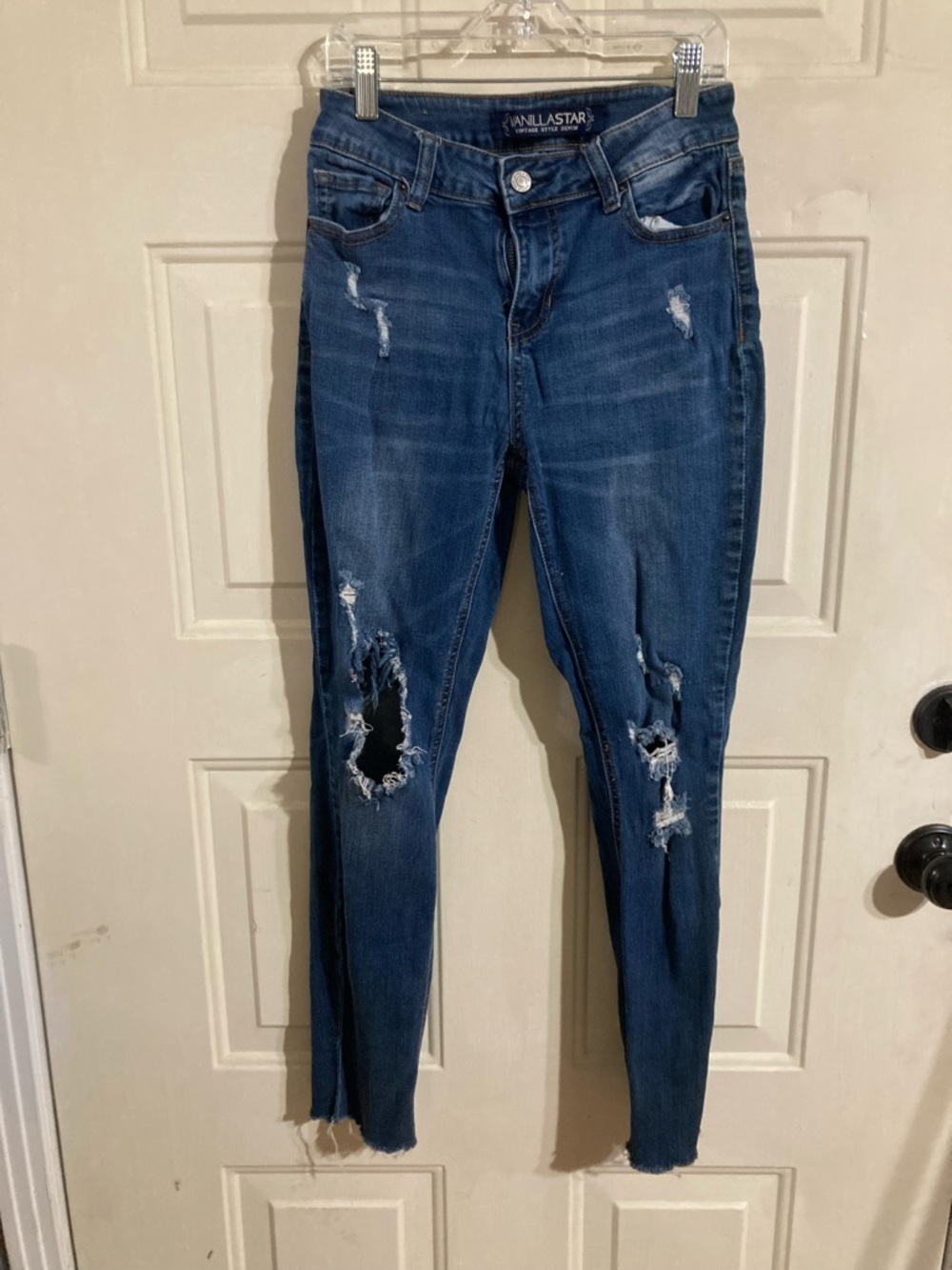 Vanilla Star Women's Distressed Straight Leg Jeans - Dark Blue